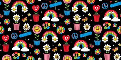 Groovy seamless pattern in trendy retro cartoon style. Funny Earth, rainbow, heart, flower, daisy. vector