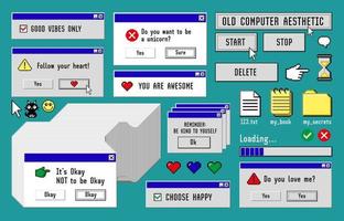 Old computer aestethic 1980s -1990s. Set with retro pc elements, user interface, icons and technology illustrations. vector