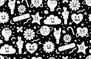 Cartoon characters background. Seamless pattern with funny stickers and patches in trendy retro cartoon style. vector