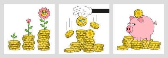 Money, finance, business, investment vector illustrations with funny cartoon abstract characters.