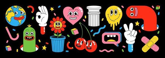 Funny cartoon sticker pack. Heart, patch, earth, berry, abstract faces etc. vector