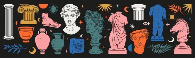 Greek ancient sculpture set. Vector hand drawn illustrations of antique classic statues in trendy modern style.