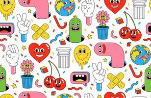 Cartoon characters background. Seamless pattern with funny stickers and patches in trendy retro cartoon style. vector