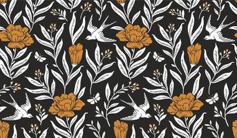 Boho mystical seamless pattern. Vector background with flower, bird and floral elements in trendy bohemian tattoo style.