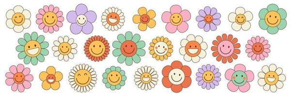 Groovy flower cartoon characters. Funny happy daisy. Sticker pack in trendy retro 70s style.