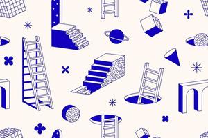 Surreal geometric shapes. Abstract vector elements and signs in trendy minimal outline style. Arch, stairs, column etc.