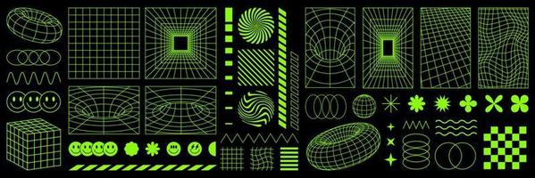 Psychedelic retro futuristic set. Surreal geometric shape, cyberpunk element and perspective grid. vector