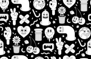 Cartoon characters background. Seamless pattern with funny stickers and patches in trendy retro cartoon style. vector