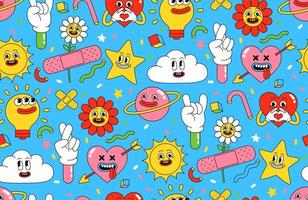 Cartoon characters background. Seamless pattern with funny stickers and patches in trendy retro cartoon style. vector