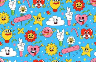 Cartoon characters background. Seamless pattern with funny stickers and patches in trendy retro cartoon style. vector