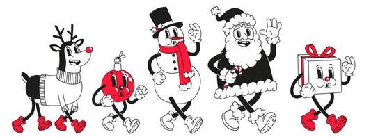 personajes de dibujos animados de navidad. divertido muñeco de nieve, santa claus en estilo de dibujos animados retro de moda. vector