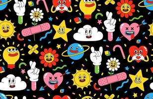 Cartoon characters background. Seamless pattern with funny stickers and patches in trendy retro cartoon style. vector