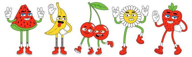 Funny characters in trendy retro cartoon style. Watermelon, banana, cherry, strawberry and flower. vector