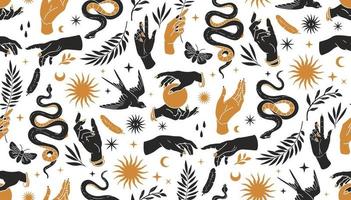 Boho mystical seamless pattern with hands, snakes, moon, sun, bird, moth and floral elements in trendy tattoo style. vector