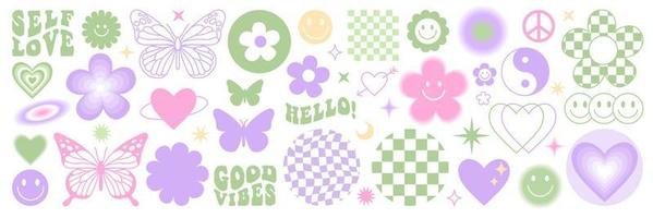 Y2k stickers set. Funny butterfly, daisy, wave, chess, mesh, smile in trendy retro 2000s style. vector