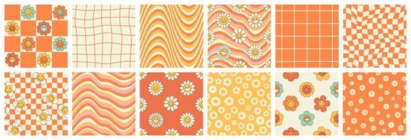 Groovy seamless patterns with funny happy daisy, wave, chess, rainbow in trendy retro 70s style. vector