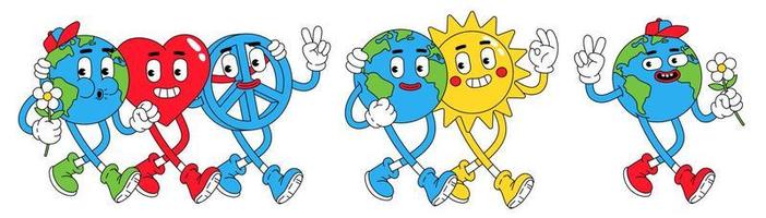 Earth, Peace, Love in trendy retro cartoon style. Funny globe, heart, sun, planet characters. vector