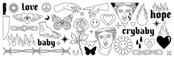 Tattoo art 1990s, 2000s. Y2k stickers. Butterfly, barbed wire, fire, flame, chain, heart. vector