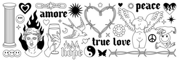 Tattoo art 1990s, 2000s. Y2k stickers. Butterfly, barbed wire, fire, flame, chain, heart. vector