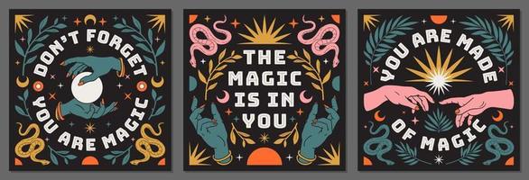 Boho mystical posters with inspirational quotes about energy, magic and good vibes in trendy bohemian style. vector