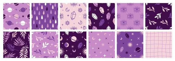 Boho celestial seamless patterns with with constellations, sun, moon, magic eyes, stars, cosmic and floral elements. vector