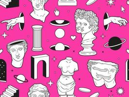 Greek ancient statues and surreal elements in trendy psychedelic weird style. Seamless vector pattern.