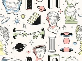 Greek ancient statues and surreal elements in trendy psychedelic weird style. Seamless vector pattern.