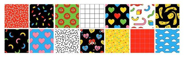 Cartoon seamless patterns with heart, patch, earth, berry, hands, abstract faces etc. vector