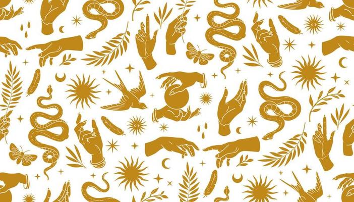 Boho mystical seamless pattern with hands, snakes, moon, sun, bird, moth in trendy bohemian celestial style.