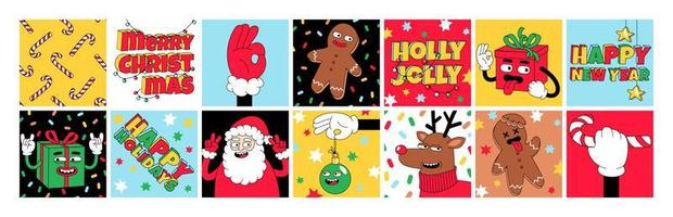 Merry Christmas and Happy New year sticker pack. Funny illustrations in trendy retro cartoon style. vector