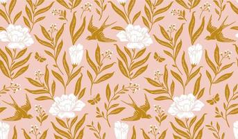 Boho mystical seamless pattern. Vector background with bird and floral elements in trendy bohemian celestial style.