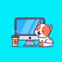 lindo gato con computadora y café ilustración de icono de vector de dibujos animados. concepto de icono de tecnología animal vector premium aislado. estilo de dibujos animados plana