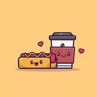 Cute Hotdog With Coffee Cartoon Vector Icon Illustration. Food And Drink Icon Concept Isolated Premium Vector. Flat Cartoon Style