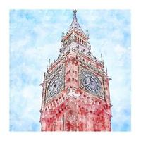 Big Ben Tower London Watercolor sketch hand drawn illustration