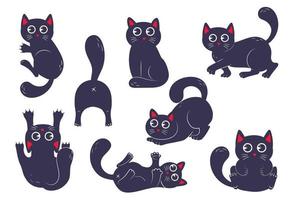 Un montón de divertidos gatos negros kawaii en varias poses en estilo plano aislado en fondo blanco vector