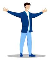 man stands smiling with wide open hands, arms outstretched for friendly greeting. Joy of new meeting. Open gesture of friendliness and acceptance. Vector