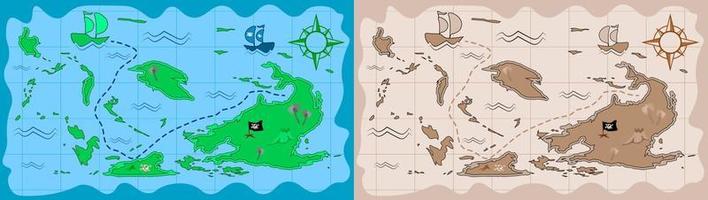 Pirate map in cartoon style. Children games, treasure hunt. Old map with treasure hunt route. Vector