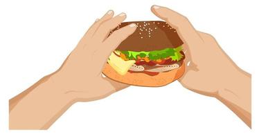 hamburger with bacon, cheese and lettuce on bun in hands of man. Fast food. Cartoon vector on white background