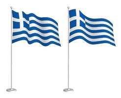 Greece flag on flagpole waving in the wind. Holiday design element. Checkpoint for map symbols. Isolated vector on white background