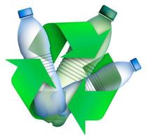 Plastic bottles in arrow signs for recycling waste, used raw materials. Caring for environment. Green modern technologies. Isolated vector on white background