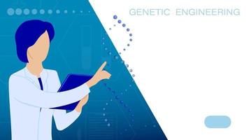 Research Institute. Student, medical scientist in white coat examines DNA spiral. Molecular engineer vector page. Laboratory scientist is conducting research experiment. Vector