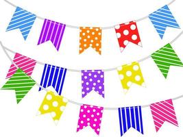 Bright festive flags are hung on a rope with a garland. Vector illustration