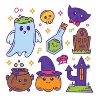 colección dibujada a mano de icono y personaje de halloween a todo color vector