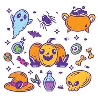 colección dibujada a mano de iconos y personajes de halloween, elementos para decoraciones de halloween a todo color vector