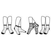 Warm socks on the feet with a pattern, black outline, vector illustration