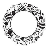 Round Halloween frame with ghosts, cobwebs and sweets, vector illustration