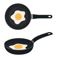 Fried egg in a black frying pan, color vector illustration