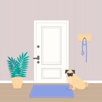 un perro pug está esperando un paseo. el perro está sentado en el pasillo junto a la puerta. ilustración vectorial de mascotas. vector