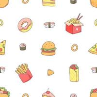 Seamless pattern with fast food in a cute kawaii doodle style. Vector junk food background illustration.