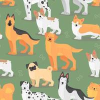 Seamless pattern with dogs of different breeds on a green background. Standing dogs in cartoon flat style. Vector illustration background.